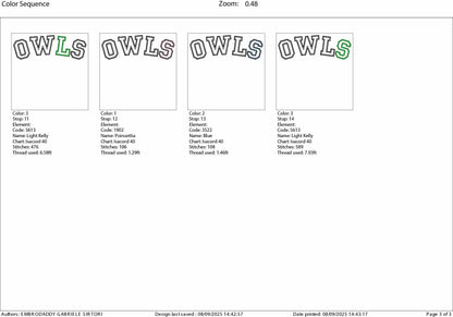 Machine Embroidery files, Owl Mascot, Fierce Owl with "Owls" Script, appliqué, sport, PES, xxx, hus & more, fan embroidery files