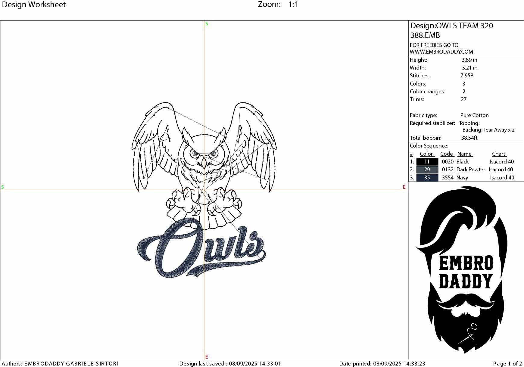 Machine Embroidery files, Owl Mascot, Fierce Owl with "Owls" Script, sport, PES, dst, xxx, hus & more, fan embroidery files