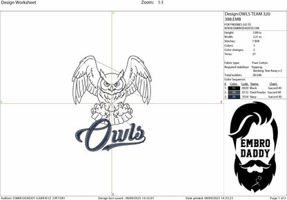 Machine Embroidery files, Owl Mascot, Fierce Owl with "Owls" Script, sport, PES, dst, xxx, hus & more, fan embroidery files