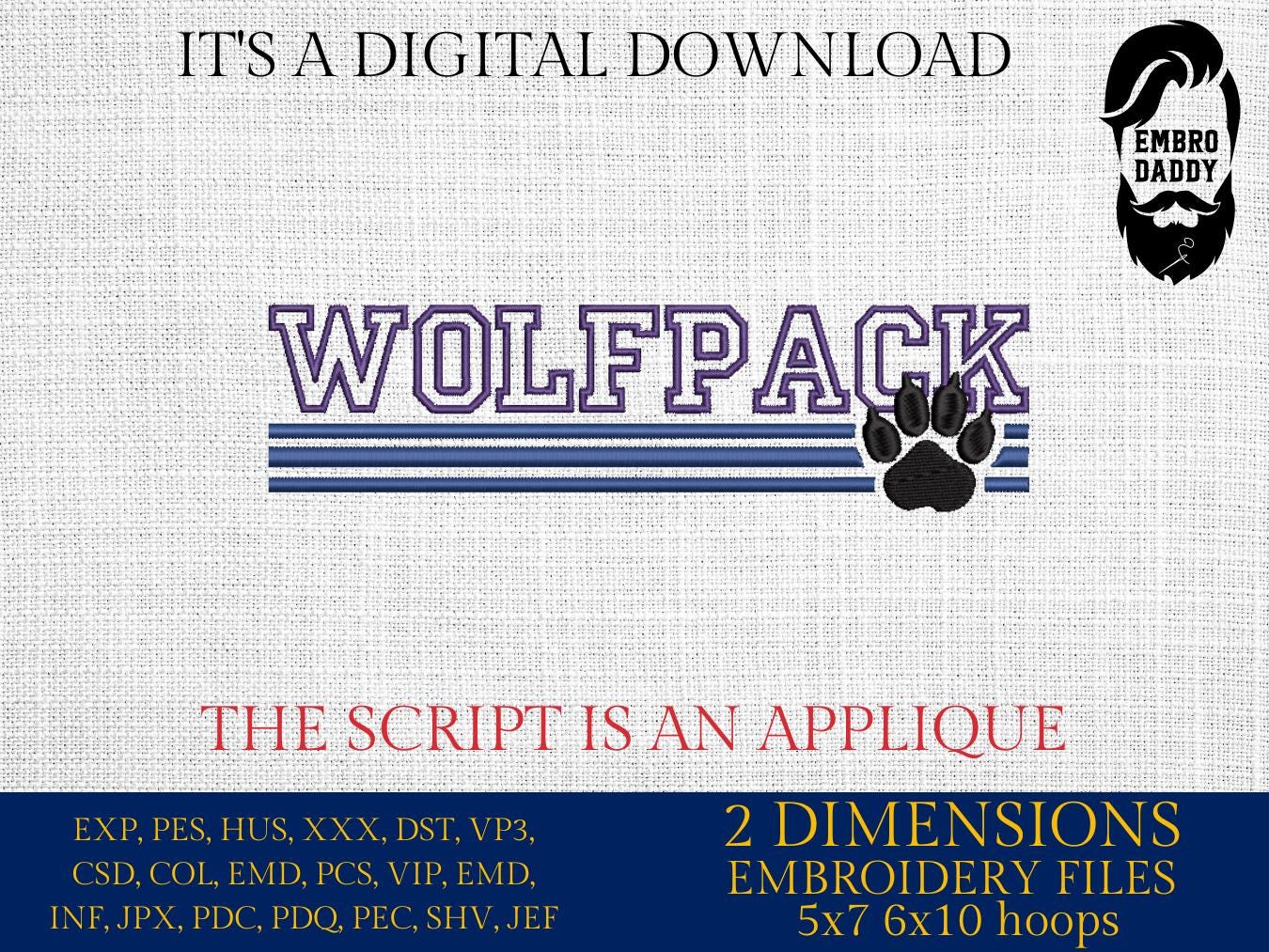 Machine Embroidery files, Wolfpack appliqué, sport, PES, xxx, hus & more, fan embroidery files