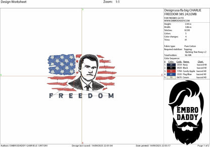 Machine Embroidery files, USA flag, RIP Charlie Kirk, Memorial, Republican, Tribute Design , PES, xxx, dst, hus & more