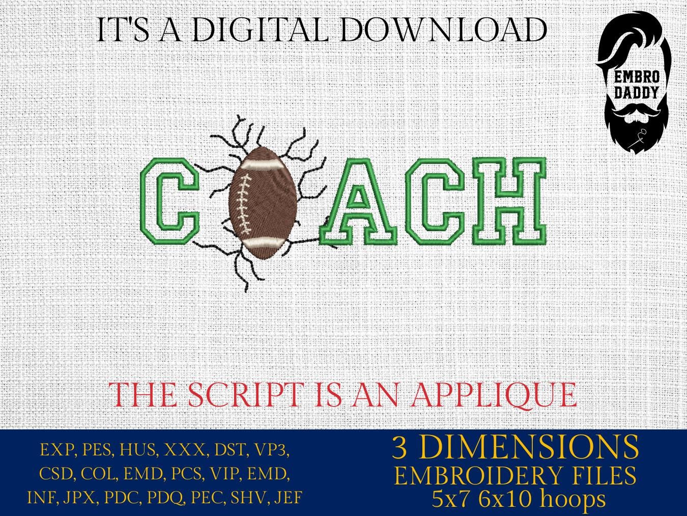 Machine Embroidery files, coach appliqué, sport, PES, xxx, hus & more, fan embroidery files