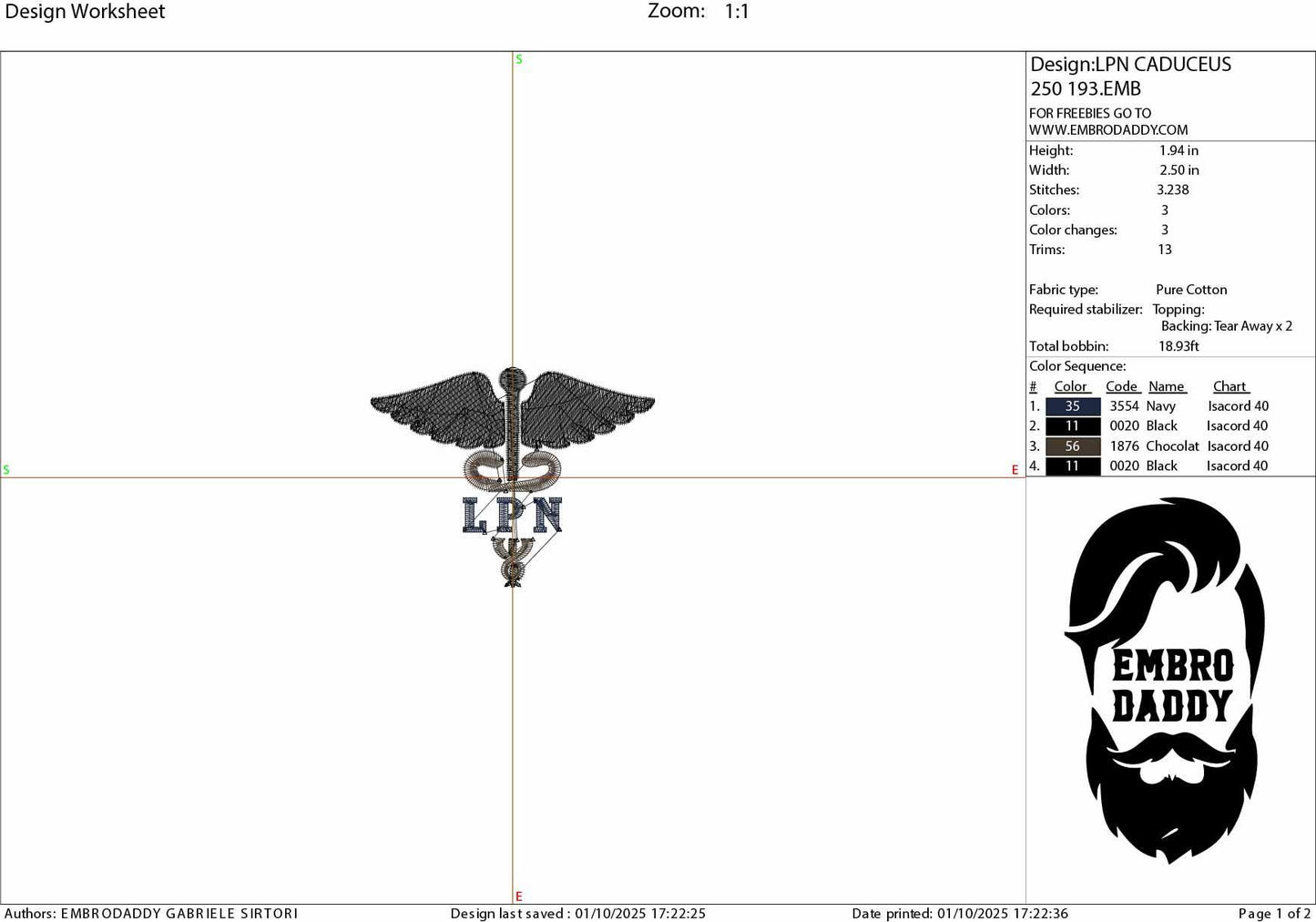 Machine Embroidery files, Medical Caduceus Symbol Silhouette with LPN for Licensed Practical Nurse Staff, dst, PES, xxx, hus & more