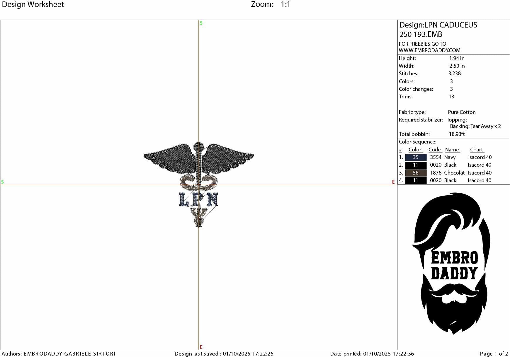 Machine Embroidery files, Medical Caduceus Symbol Silhouette with LPN for Licensed Practical Nurse Staff, dst, PES, xxx, hus & more