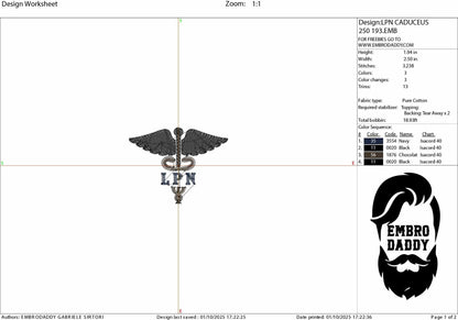 Machine Embroidery files, Medical Caduceus Symbol Silhouette with LPN for Licensed Practical Nurse Staff, dst, PES, xxx, hus & more