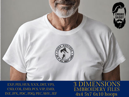 Machine Embroidery files, coon hunting, hunt, raccoon, hound, funny PES, xxx, dst, hus & more