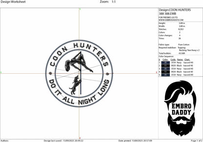 Machine Embroidery files, coon hunting, hunt, raccoon, hound, funny PES, xxx, dst, hus & more