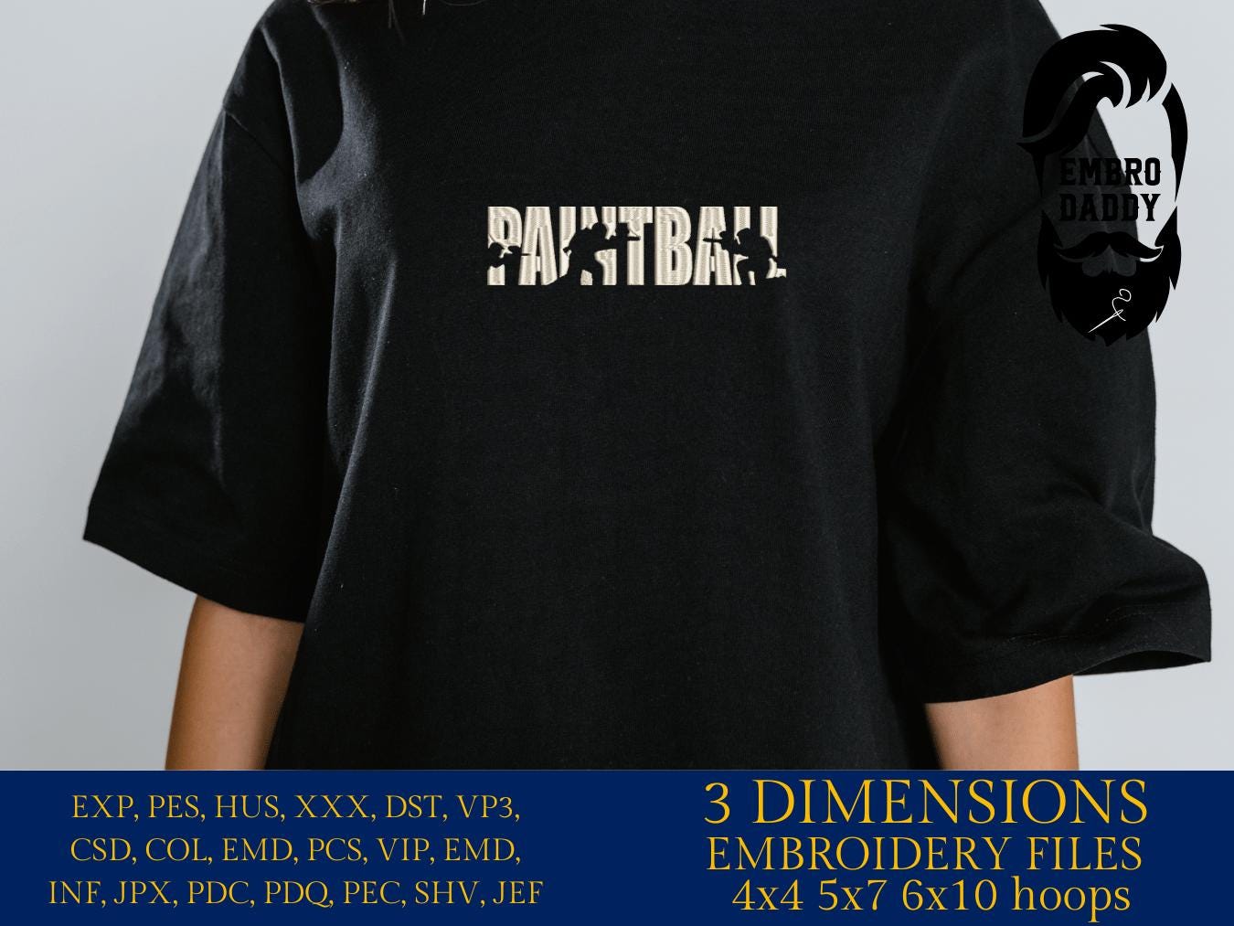 Machine Embroidery files, Paintball, Gun, Sport, Hobby, Play, Player, Paint Ball, Fun Game, Shooting, Fight, PES, dst, xxx, hus & more