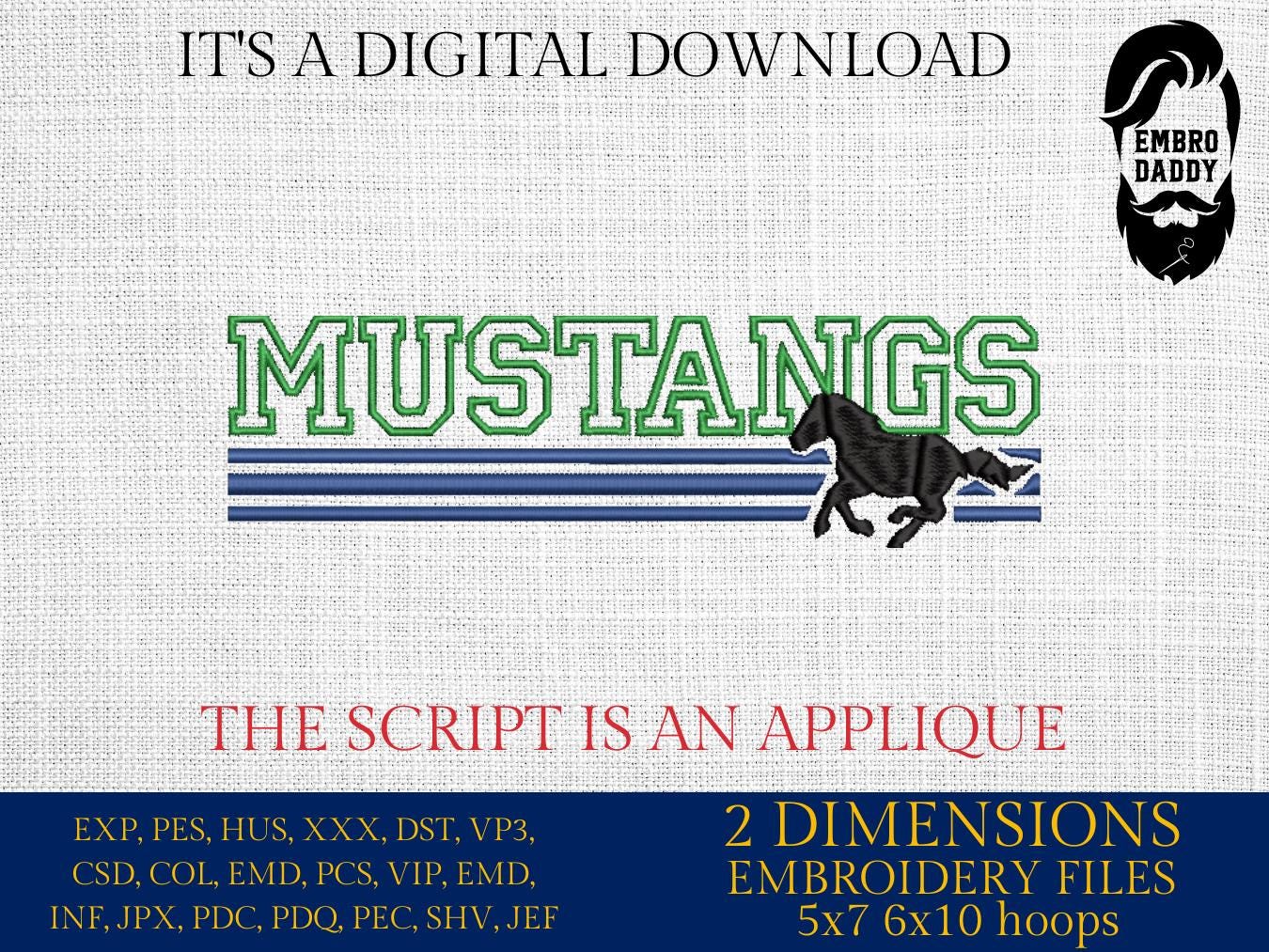 Machine Embroidery files, Mustangs appliqué, sport, PES, xxx, hus & more, fan embroidery files