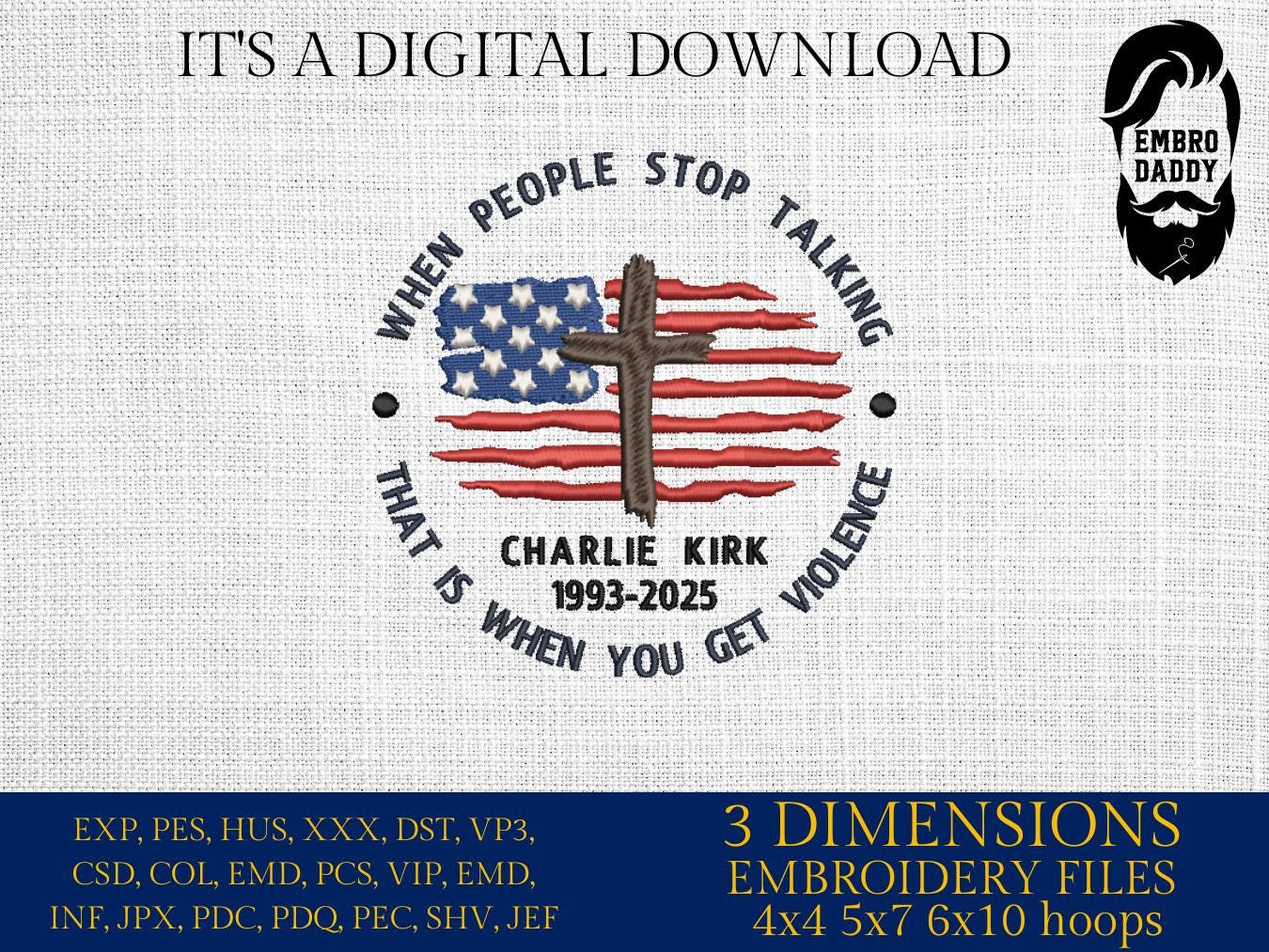 Machine Embroidery files, when people stop talking, that is when you get violence, RIP Charlie, Memorial, Tribute, PES, xxx, dst, hus & more