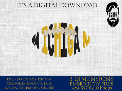 Machine Embroidery, Michigan team embroidery design, football gift idea PES, xxx, hus & more, fan embroidery files