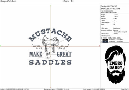 Machine Embroidery files, Mustaches Make Great Saddles, Funny Design, Western, PES, xxx, dst, hus & more