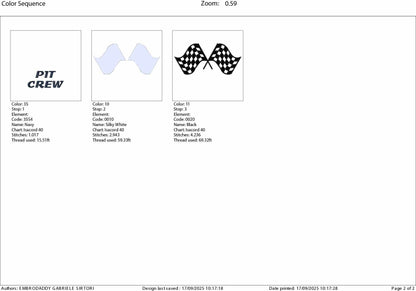 Machine Embroidery files, Car/Automotive, Black Checkered Racing Flags, Track Finish Line, "Pit Crew", PES, DST, xxx, hus & more