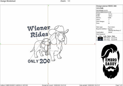 Machine Embroidery files, Wiener Rides, 20 cents, Funny Dog, Adult Joke, Party, Sassy, Sarcastic, PES, xxx, dst, hus & more