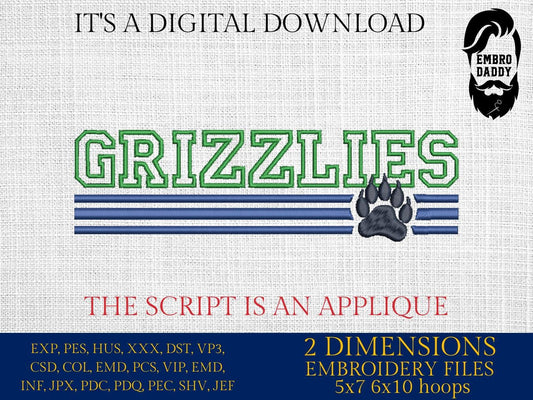 Machine Embroidery files, grizzlies appliqué, sport, PES, xxx, hus & more, fan embroidery files