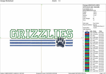 Machine Embroidery files, grizzlies appliqué, sport, PES, xxx, hus & more, fan embroidery files