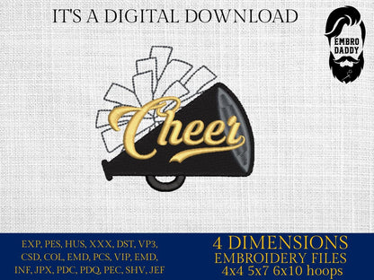 Machine Embroidery files, Black Cheerleader Megaphone with Pom Pom Outline with Word Cheer, Cheerleading , PES, dst, xxx, hus & more
