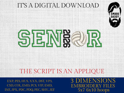 Machine Embroidery files, Grad Year 2026 and volleyball Ball appliqué, sport, PES, xxx, hus & more