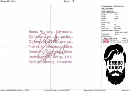 Machine Embroidery files, Pink Spirit Word, Breast Cancer Awareness, Cancer Survivor, Fight Cancer, October, pes, DST, xxx, hus & more