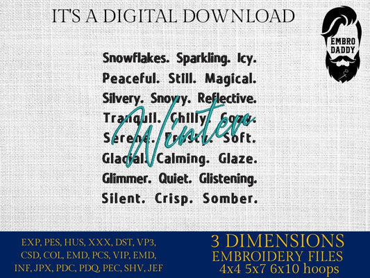 Machine Embroidery files, Winter Words, Cozy Sweaters, Winter, Winter 2026 Season, Winter girly, Snow Season PES, DST, xxx, hus and more