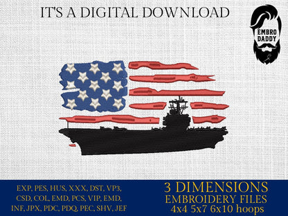 Machine Embroidery files, USA flag, Aircraft Carrier, PES, xxx, dst, hus & more