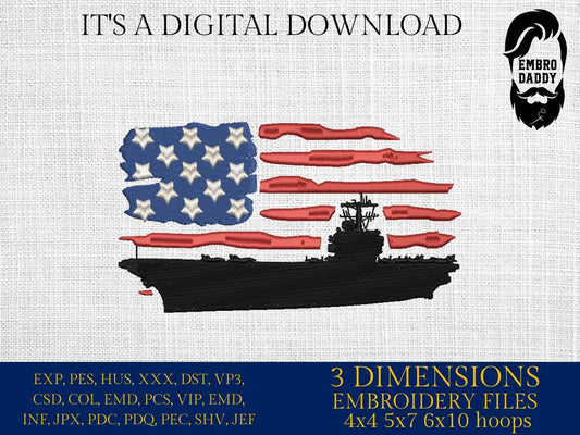 Machine Embroidery files, USA flag, Aircraft Carrier, PES, xxx, dst, hus & more