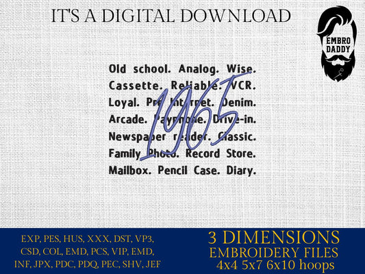 Machine Embroidery files, 1965, 1965 words, 60th Birthday, 60 year of being awesome, birthday funny, PES, xxx, hus & more