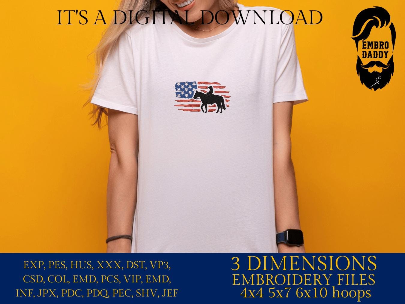 Machine Embroidery files, Usa flag girl horse, embroidery files, rider, rodeo, woman, PES, dst, xxx, hus & more