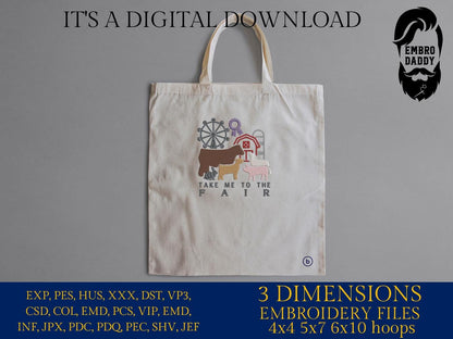 Machine Embroidery files, take me to the fair, Fair Season, Show Livestock, Show pig, steer, sheep, goat, PES, dst, xxx hus & more
