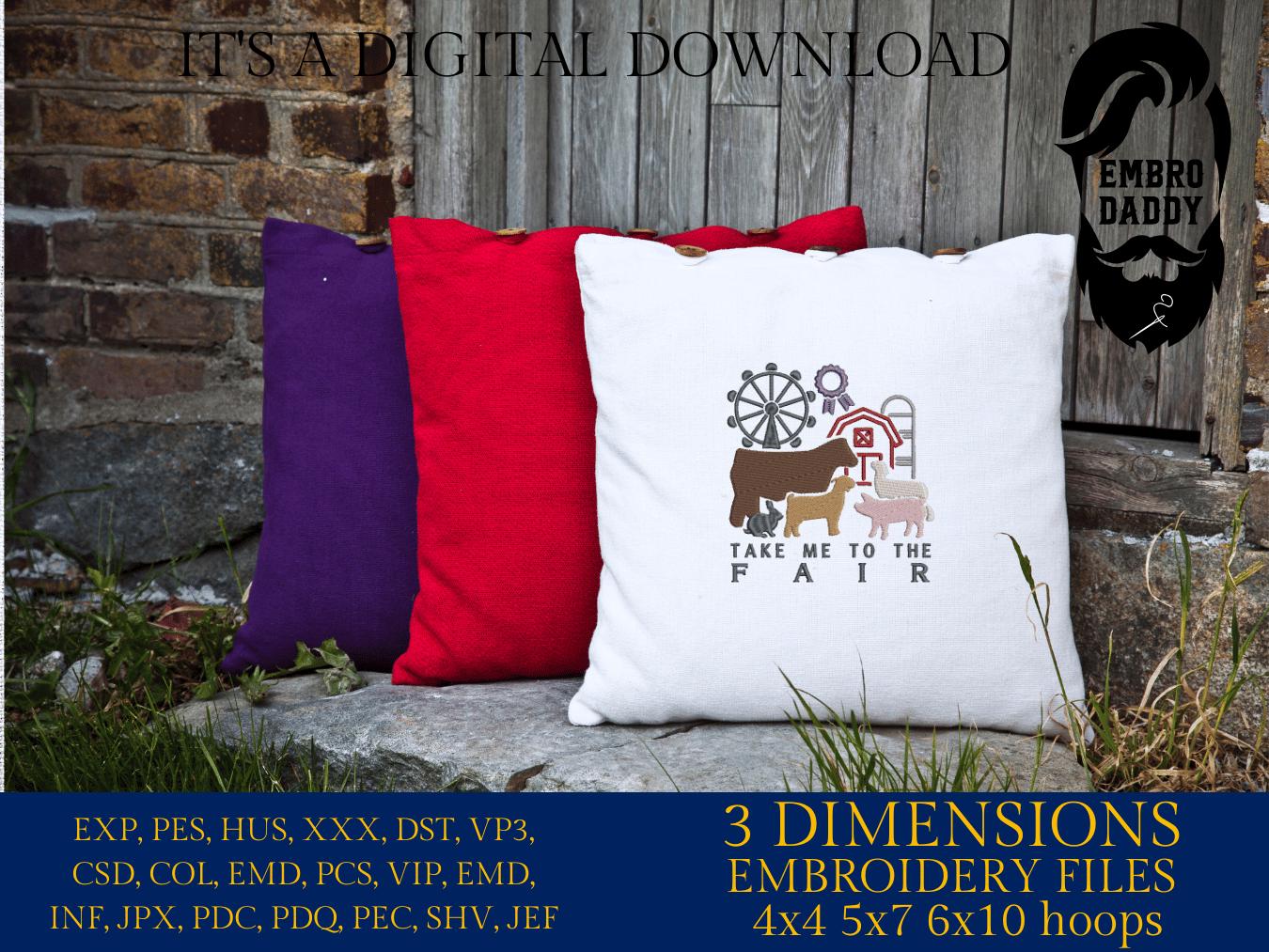 Machine Embroidery files, take me to the fair, Fair Season, Show Livestock, Show pig, steer, sheep, goat, PES, dst, xxx hus & more