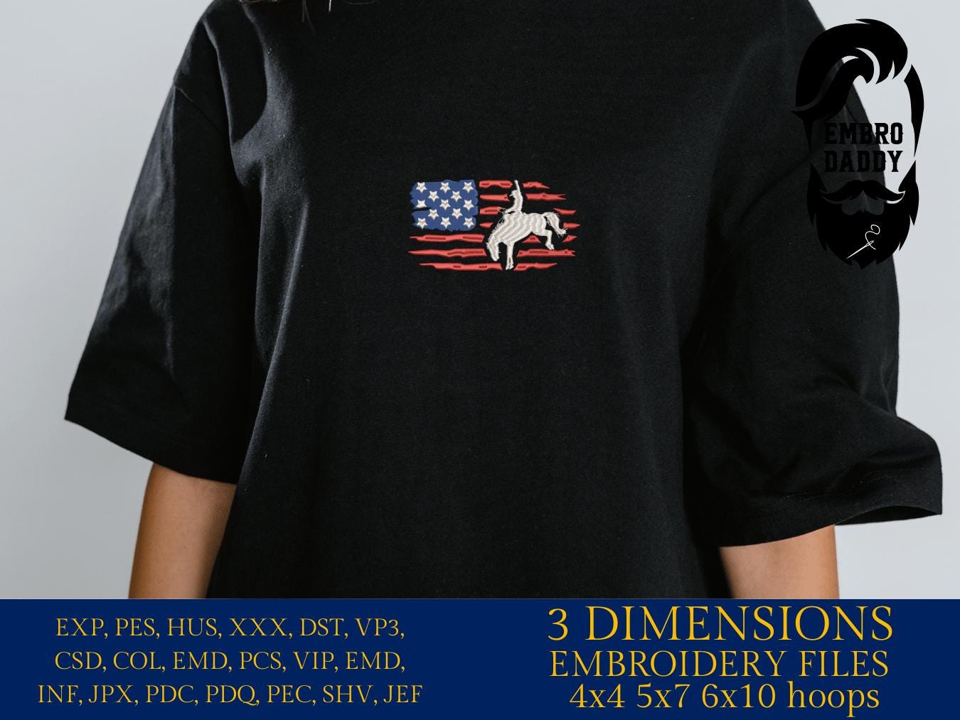 Machine Embroidery files, Usa flag rodeo horse, embroidery files, rider, rodeo, cowboy, PES, dst, xxx, hus & more
