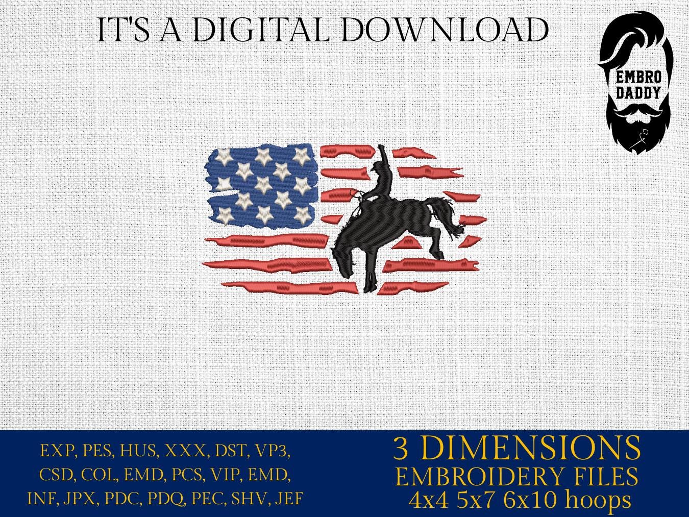 Machine Embroidery files, Usa flag rodeo horse, embroidery files, rider, rodeo, cowboy, PES, dst, xxx, hus & more