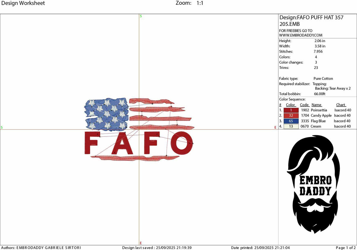 Machine Embroidery files, Usa flag FAFO, Script puff foam, needs foam sheet, embroidery file digitize for hat, American Flag PES, hus & more
