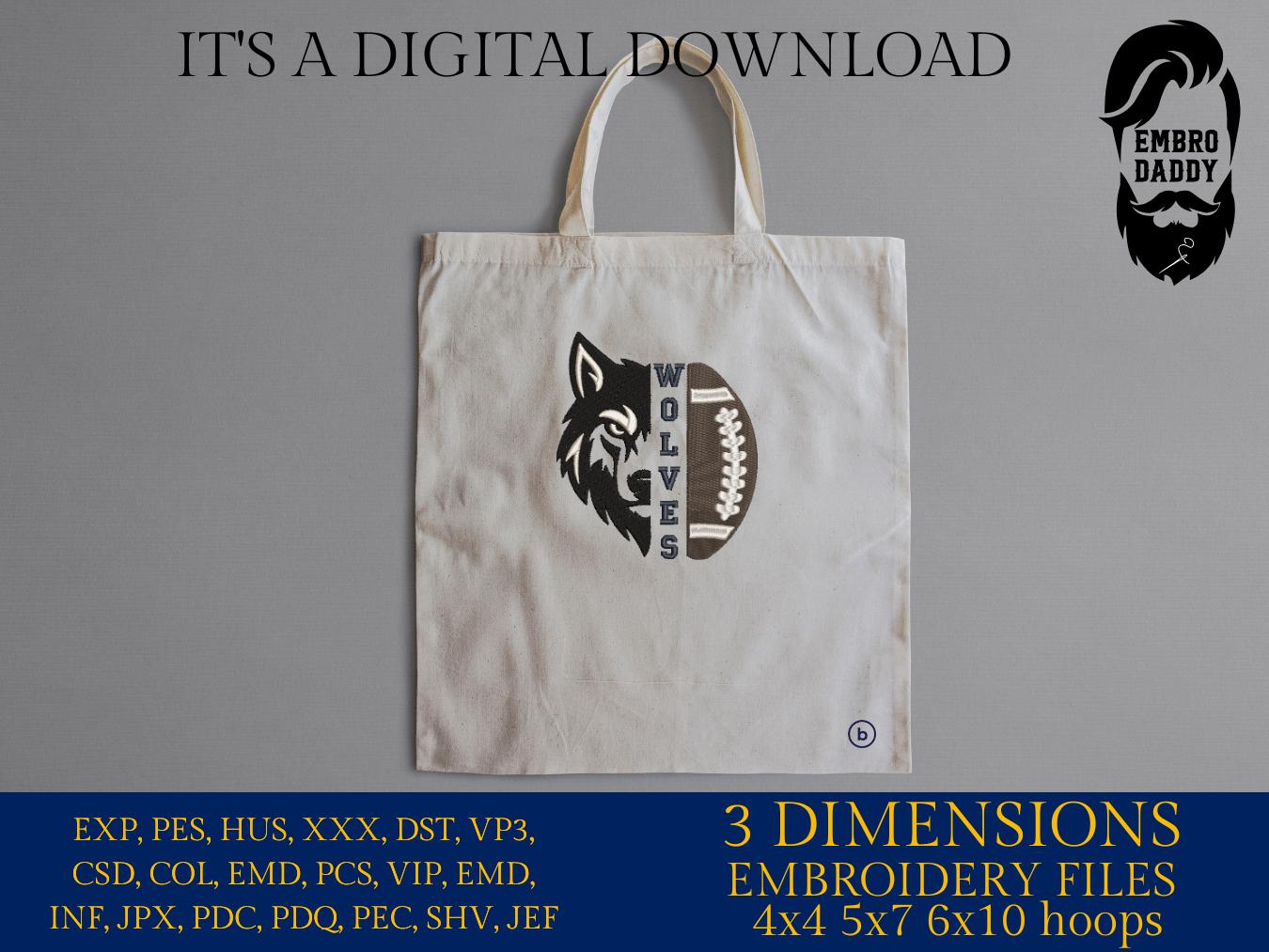 Machine Embroidery files, High School Wolves Football, Wolf Pride, Mascot, Mom, Cheer, PES, dst, xxx, hus & more