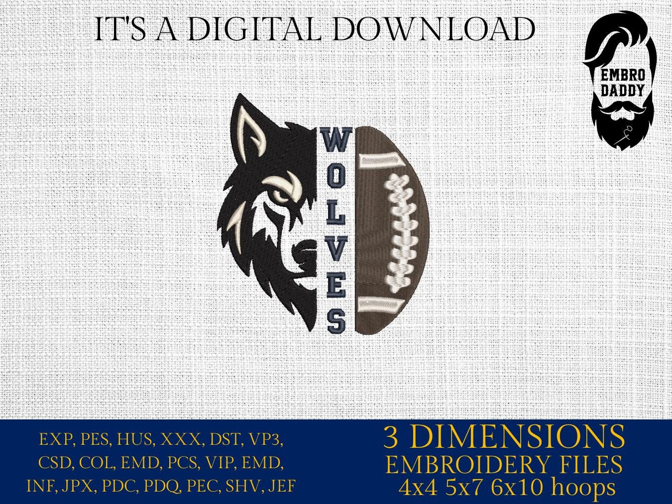 Machine Embroidery files, High School Wolves Football, Wolf Pride, Mascot, Mom, Cheer, PES, dst, xxx, hus & more