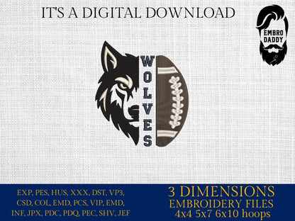 Machine Embroidery files, High School Wolves Football, Wolf Pride, Mascot, Mom, Cheer, PES, dst, xxx, hus & more