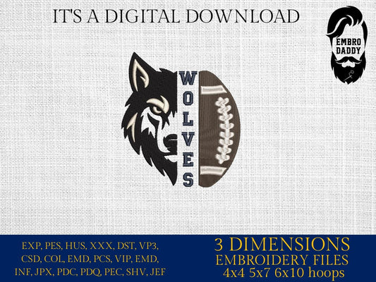 Machine Embroidery files, High School Wolves Football, Wolf Pride, Mascot, Mom, Cheer, PES, dst, xxx, hus & more