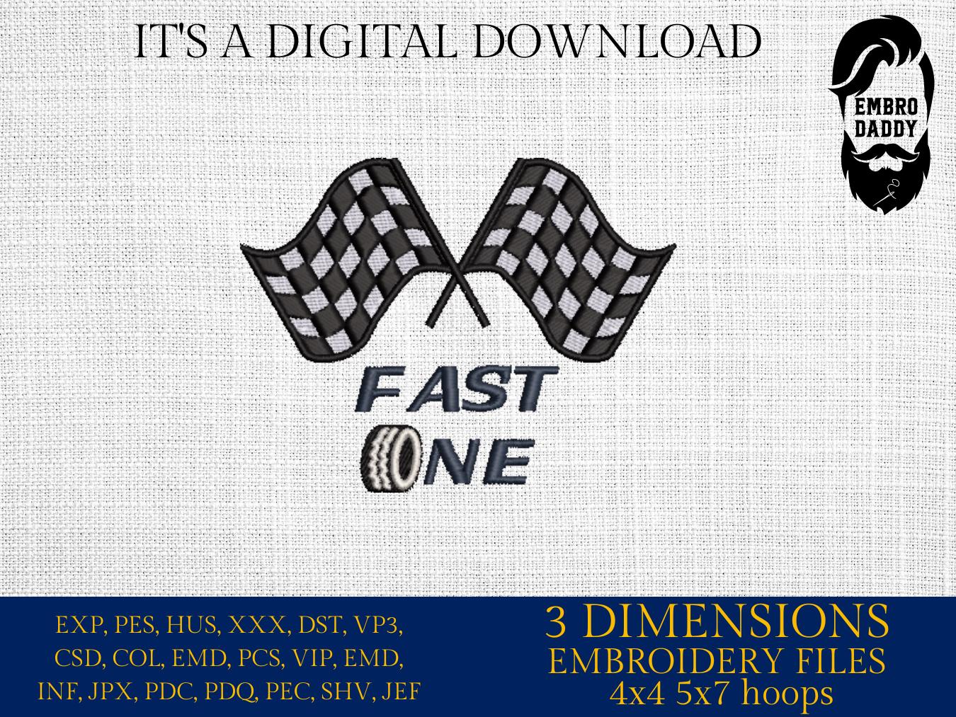 Machine Embroidery files, Car/Automotive, Black Checkered Racing Flags, Track Finish Line, "Fast One", PES, DST, xxx, hus & more