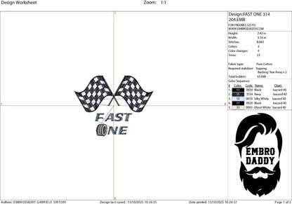 Machine Embroidery files, Car/Automotive, Black Checkered Racing Flags, Track Finish Line, "Fast One", PES, DST, xxx, hus & more