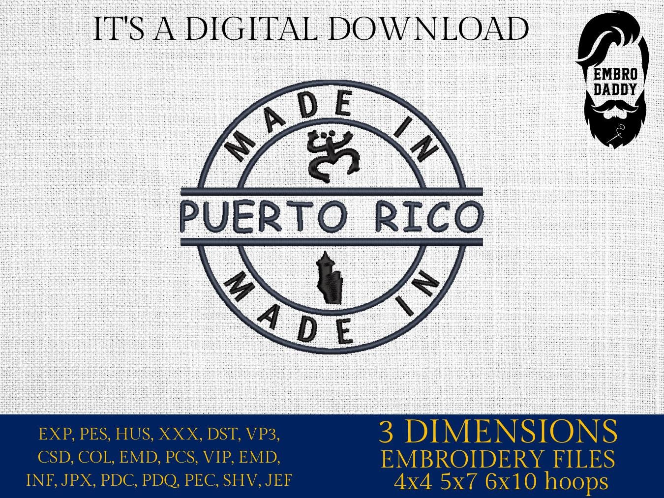 Machine Embroidery files, Made in Puerto Rico, Flag San Juan, Island Country National Nation Symbol, Logo, DST, PES, xxx, hus & more,