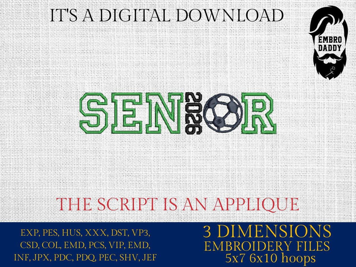 Grad Pes File Machine Embroidery files, Grad Year 2026 and Soccer Ball appliqué, spo ...
