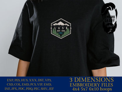 Machine Embroidery files, Alaska est 1953, DST, PES, xxx hus & more