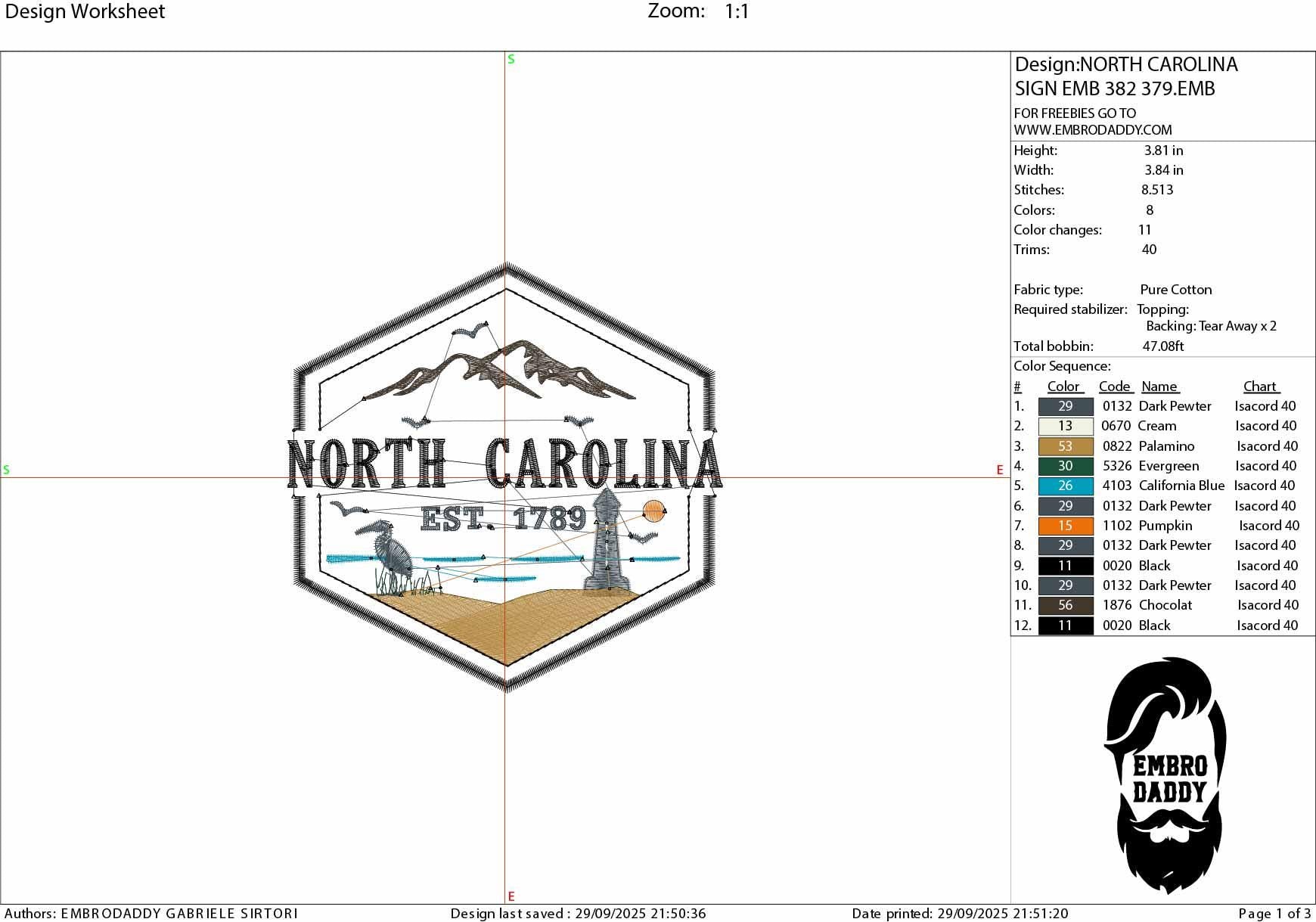 Machine Embroidery files, North Carolina est 1789, DST, PES, xxx hus & more