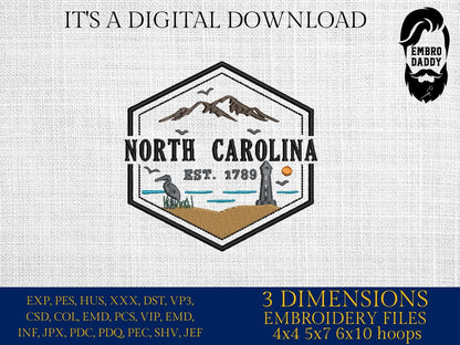 Machine Embroidery files, North Carolina est 1789, DST, PES, xxx hus & more