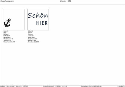 Machine Embroidery files, Schön Hier, German Nautical, PES, xxx, hus & more