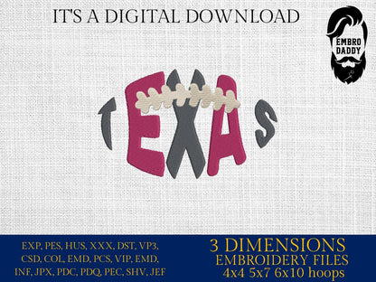 Machine Embroidery, Texas team embroidery design, football gift idea PES, xxx, hus & more, fan embroidery files