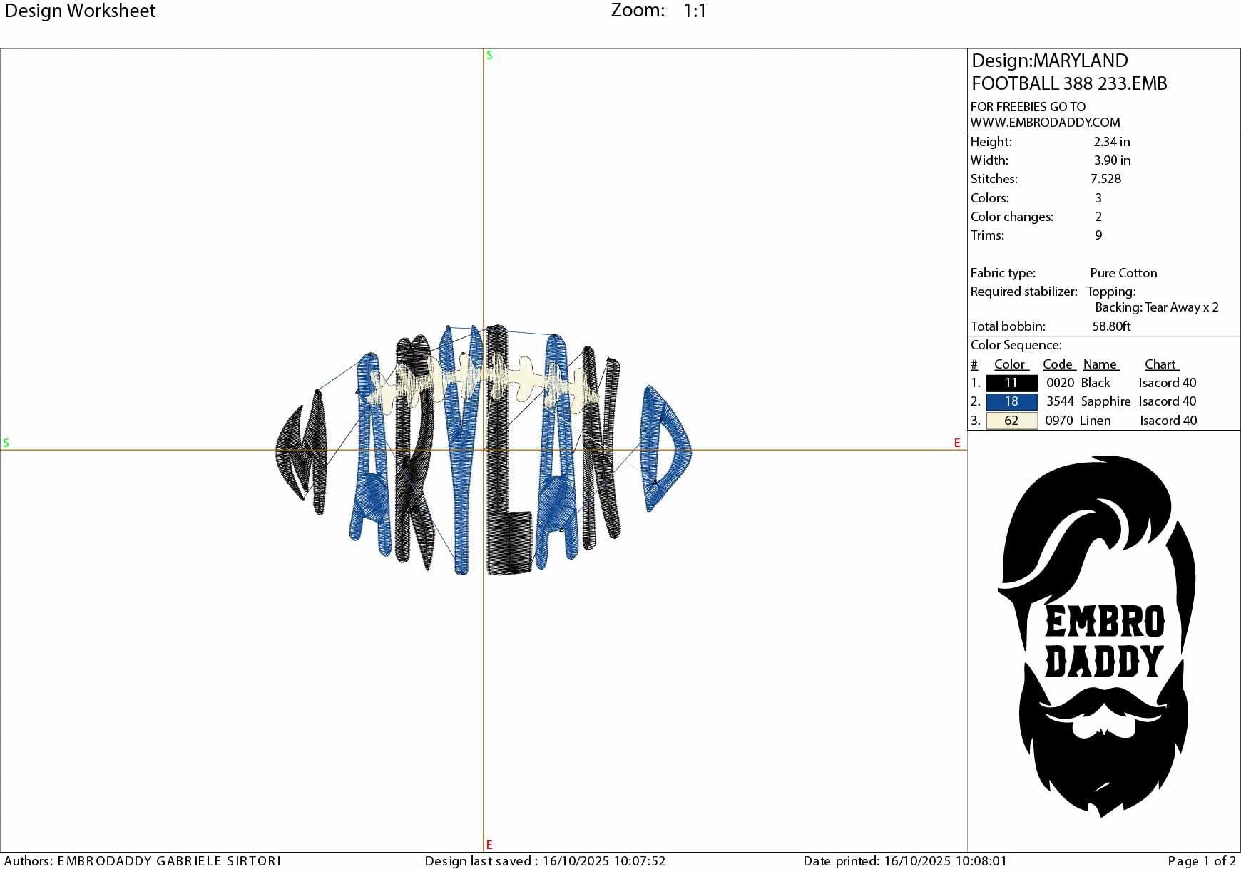 Machine Embroidery, Maryland team embroidery design, football gift idea, dst, PES, xxx, hus & more