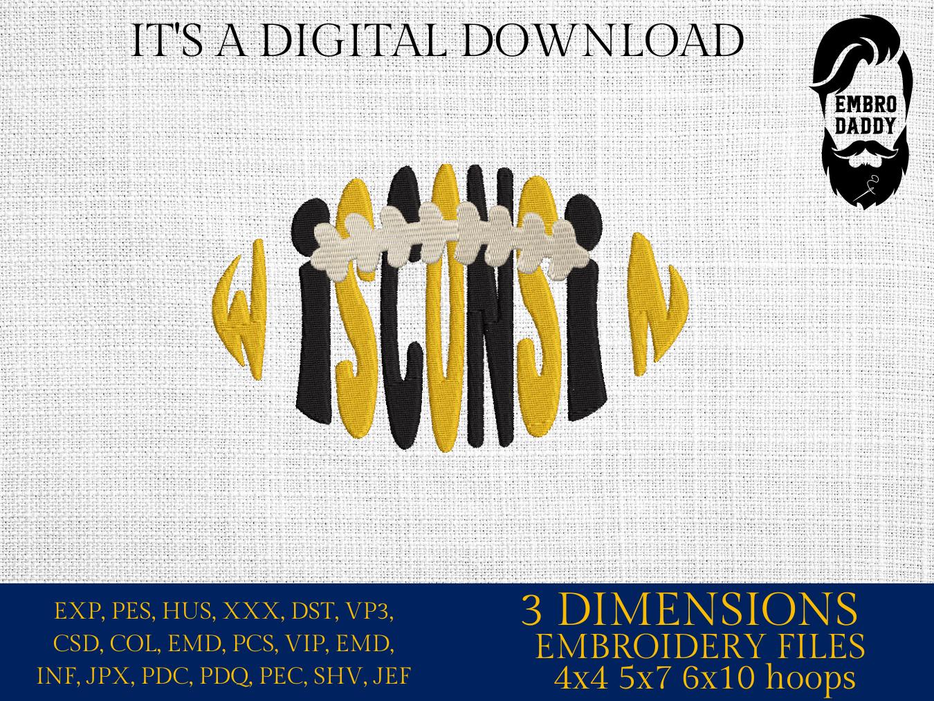 Machine Embroidery, Wisconsin team embroidery design, football gift idea, dst, PES, xxx, hus & more