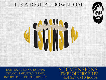 Machine Embroidery, Wisconsin team embroidery design, football gift idea, dst, PES, xxx, hus & more
