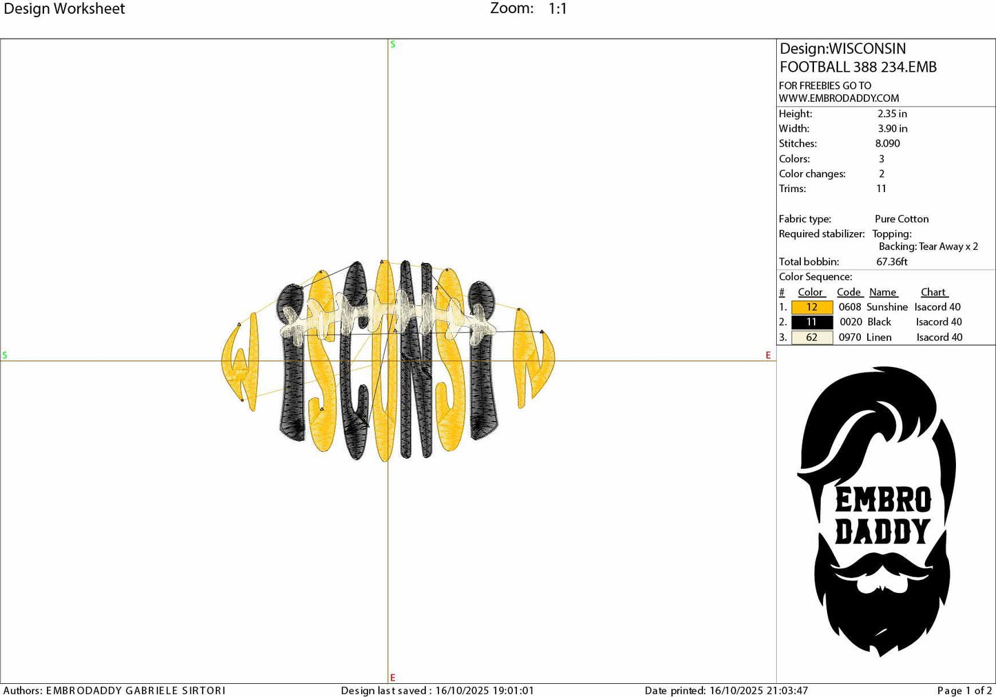 Machine Embroidery, Wisconsin team embroidery design, football gift idea, dst, PES, xxx, hus & more